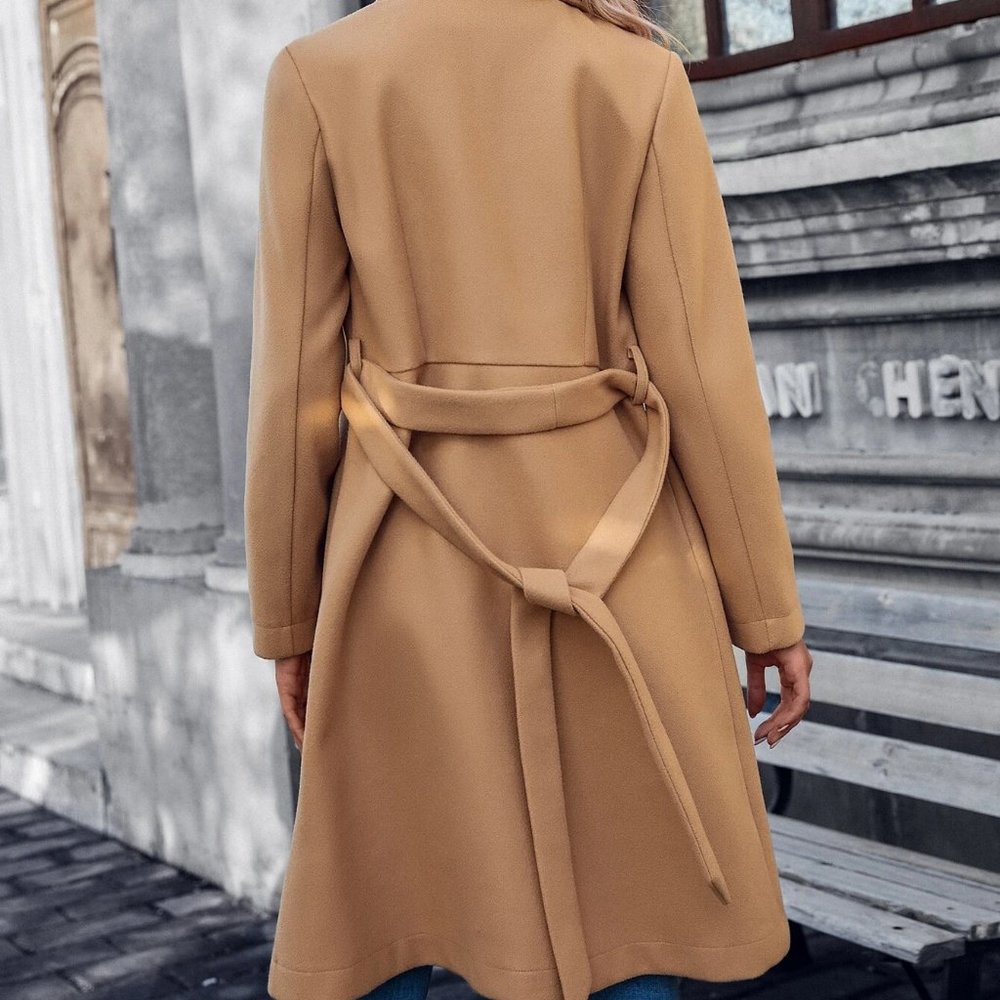 camel double button lapel neck belted coat - Picture 6 of 6